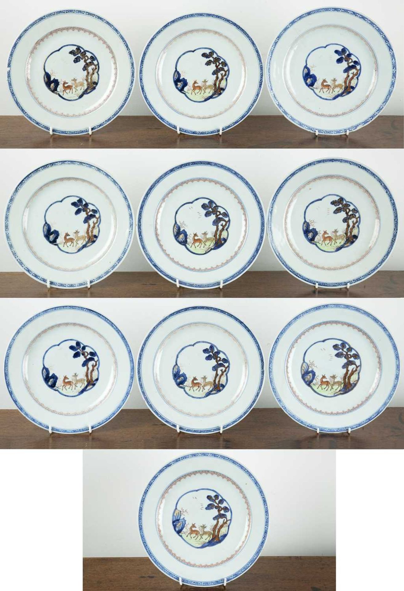 Set of ten porcelain plates Chinese, Qianlong each painted with two deer in a central cartouche,