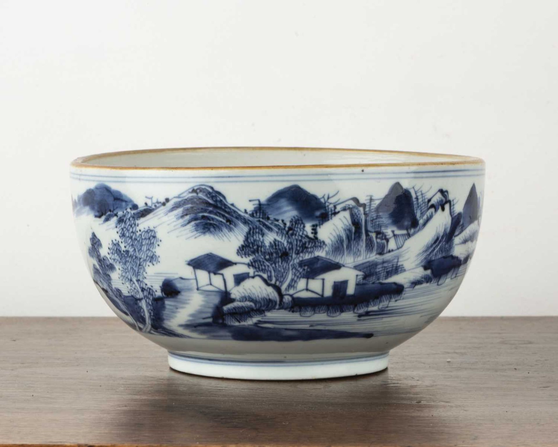 Blue and white porcelain bowl Chinese, Transitional period painted with a mountainous river scene