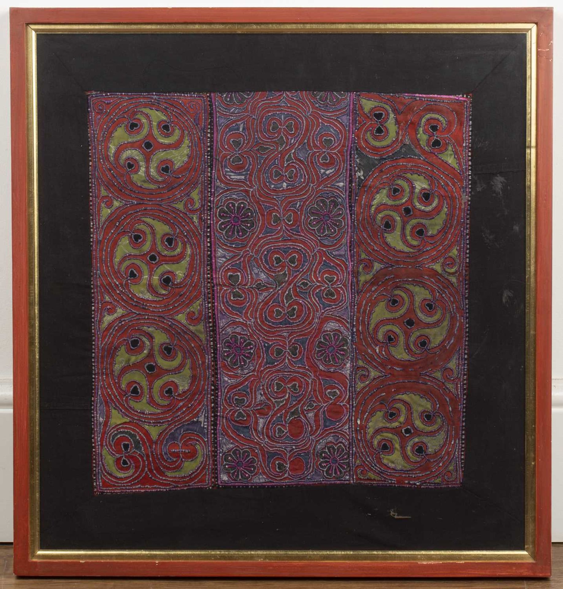 Two hill tribe red ground panels Vietnam/Cambodia with embroidered circular and other abstract - Image 2 of 6