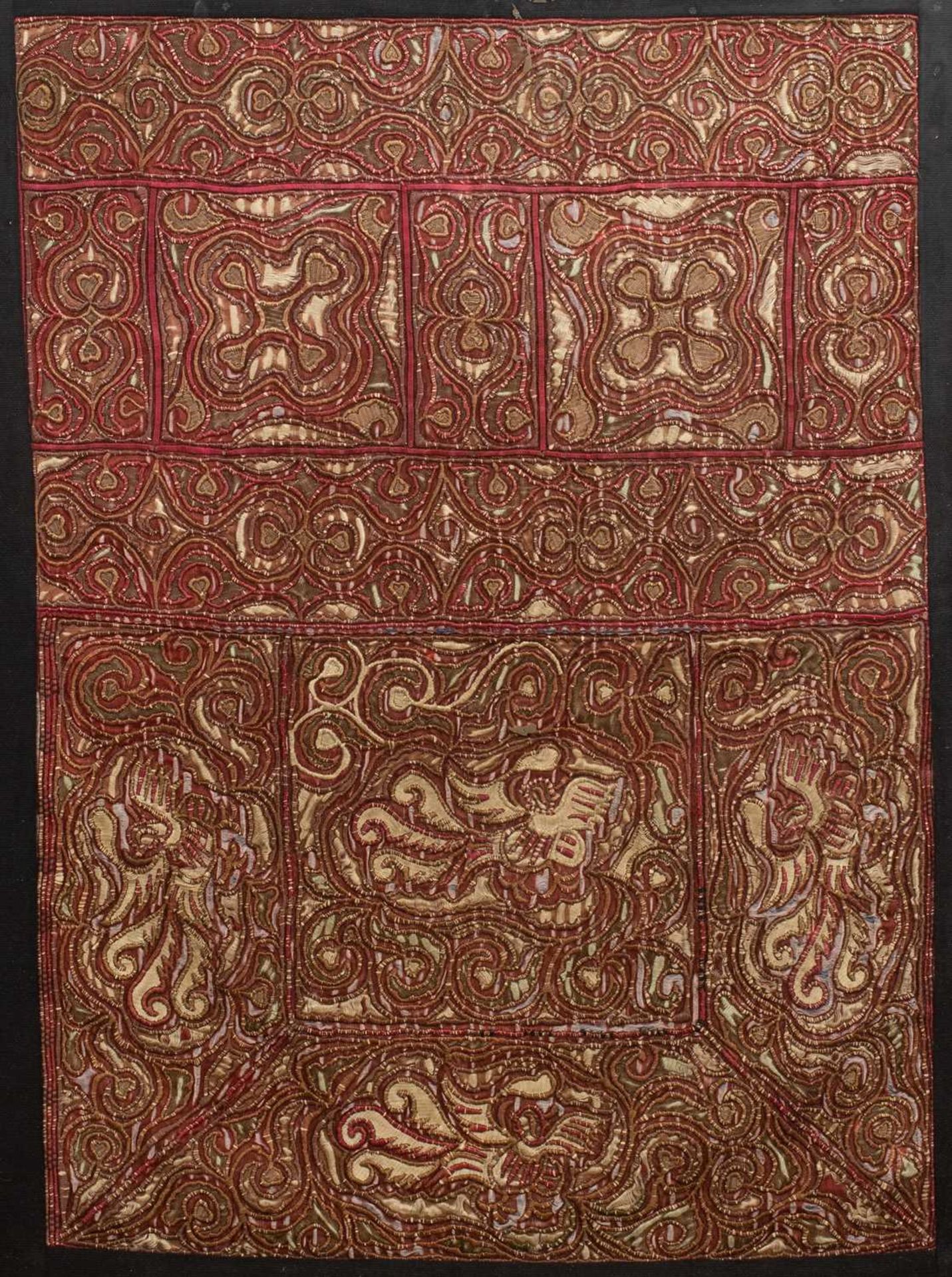 Two hill tribe red ground panels Vietnam/Cambodia with embroidered circular and other abstract - Image 4 of 6