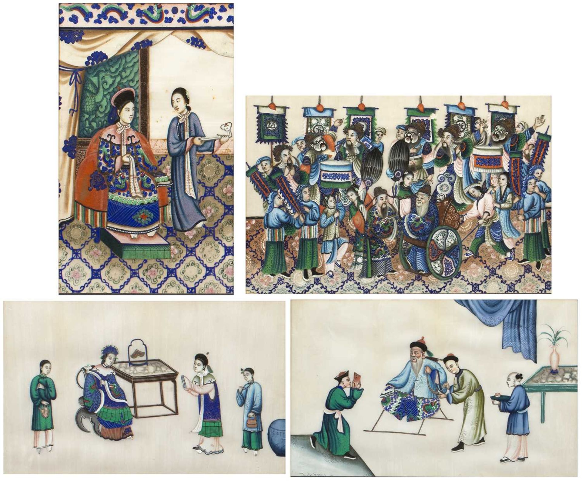 Group of four pith paintings Chinese, 19th Century depicting court scenes and courtiers with