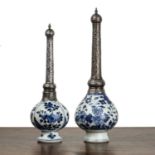 Two porcelain blue and white floral water sprinklers Ottoman/Chinese, Kangxi period with silver