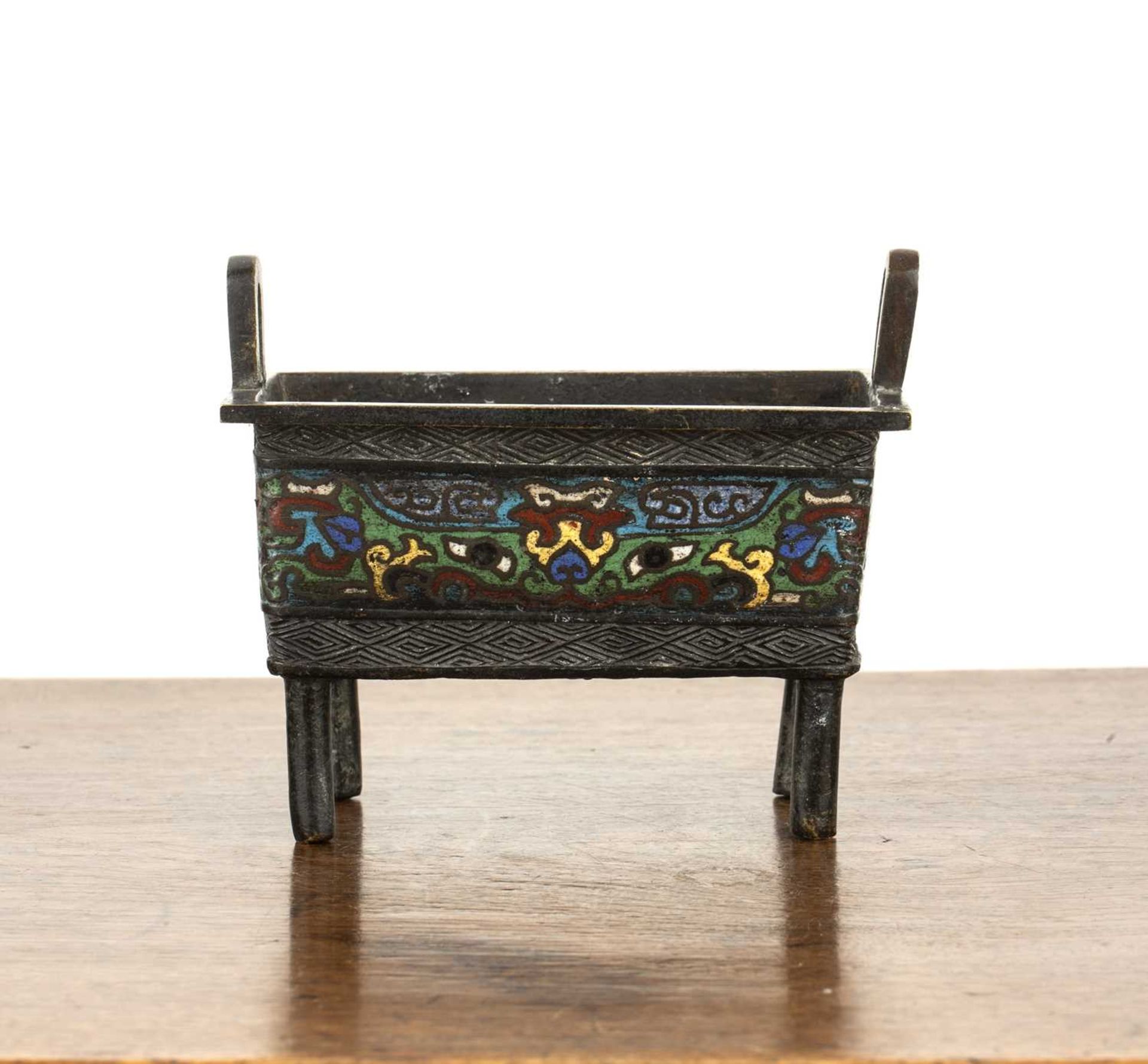 Small bronze censer Chinese of rectangular form with cloisonne panels, 13cm x 8.6cm x 11cm - Image 2 of 6