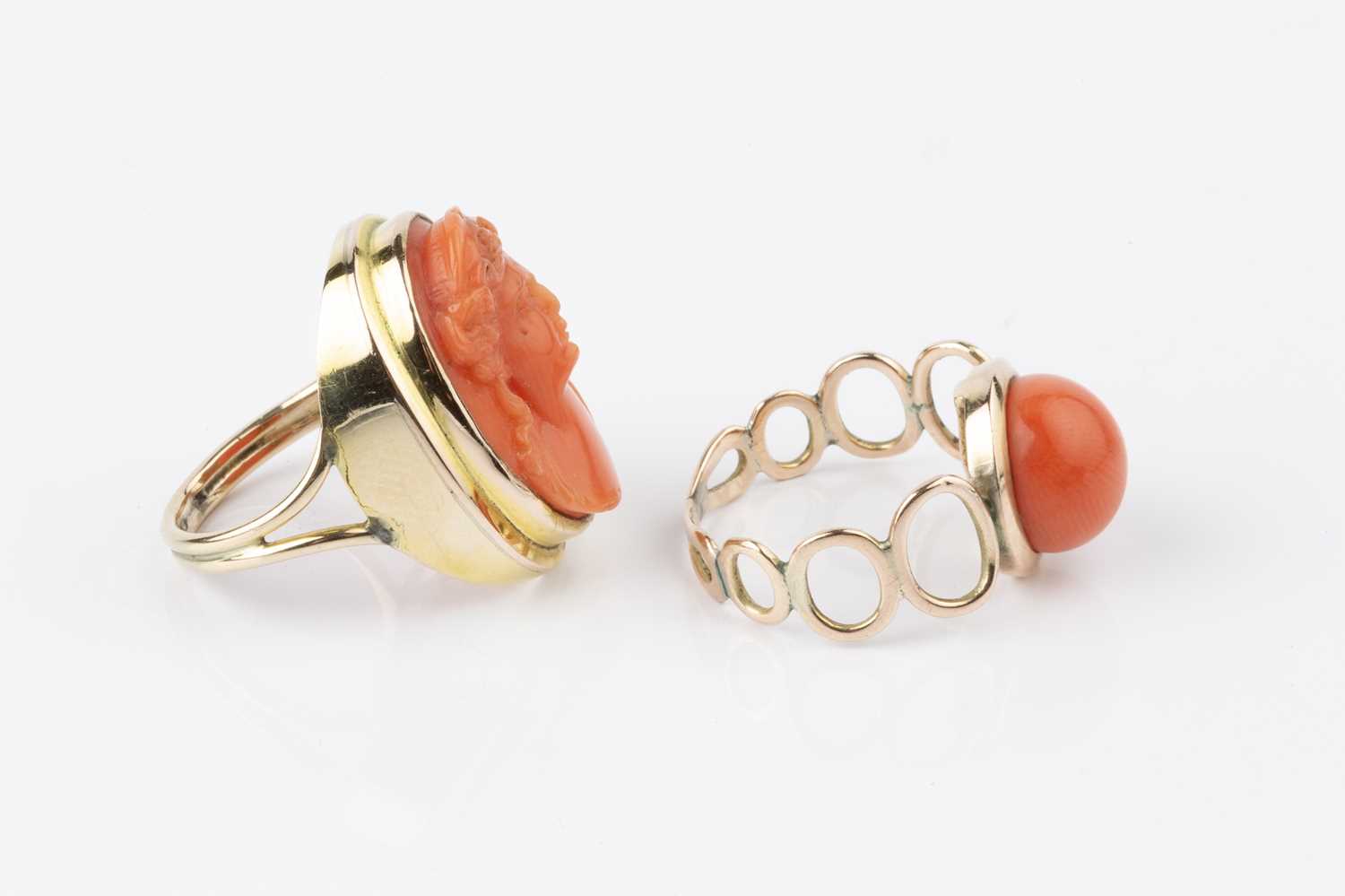 Two coral dress rings, the first a cameo ring, the oval coral corallium rubrum cameo carved to - Image 3 of 14