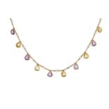 An amethyst, citrine and cultured pearl fringe necklace, the trace-link chain suspending a fringe of