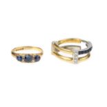 A sapphire and diamond half hoop ring, the trio of circular mixed-cut sapphires spaced by pairs of