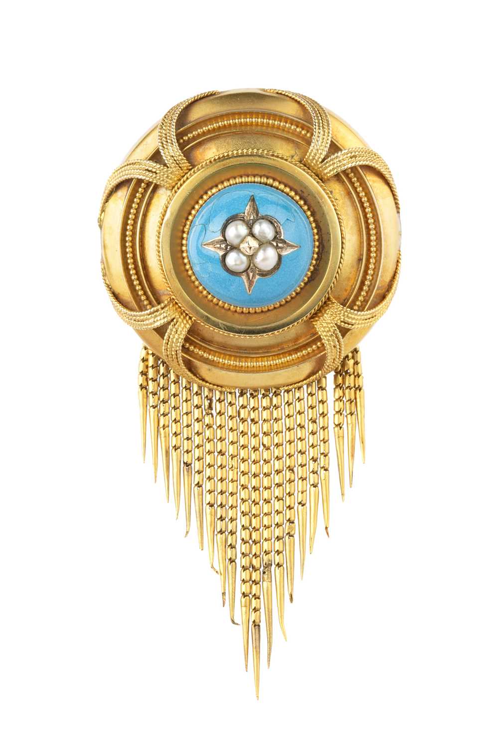 A Victorian enamel and half pearl panel brooch, the circular panel centred with a turquoise blue