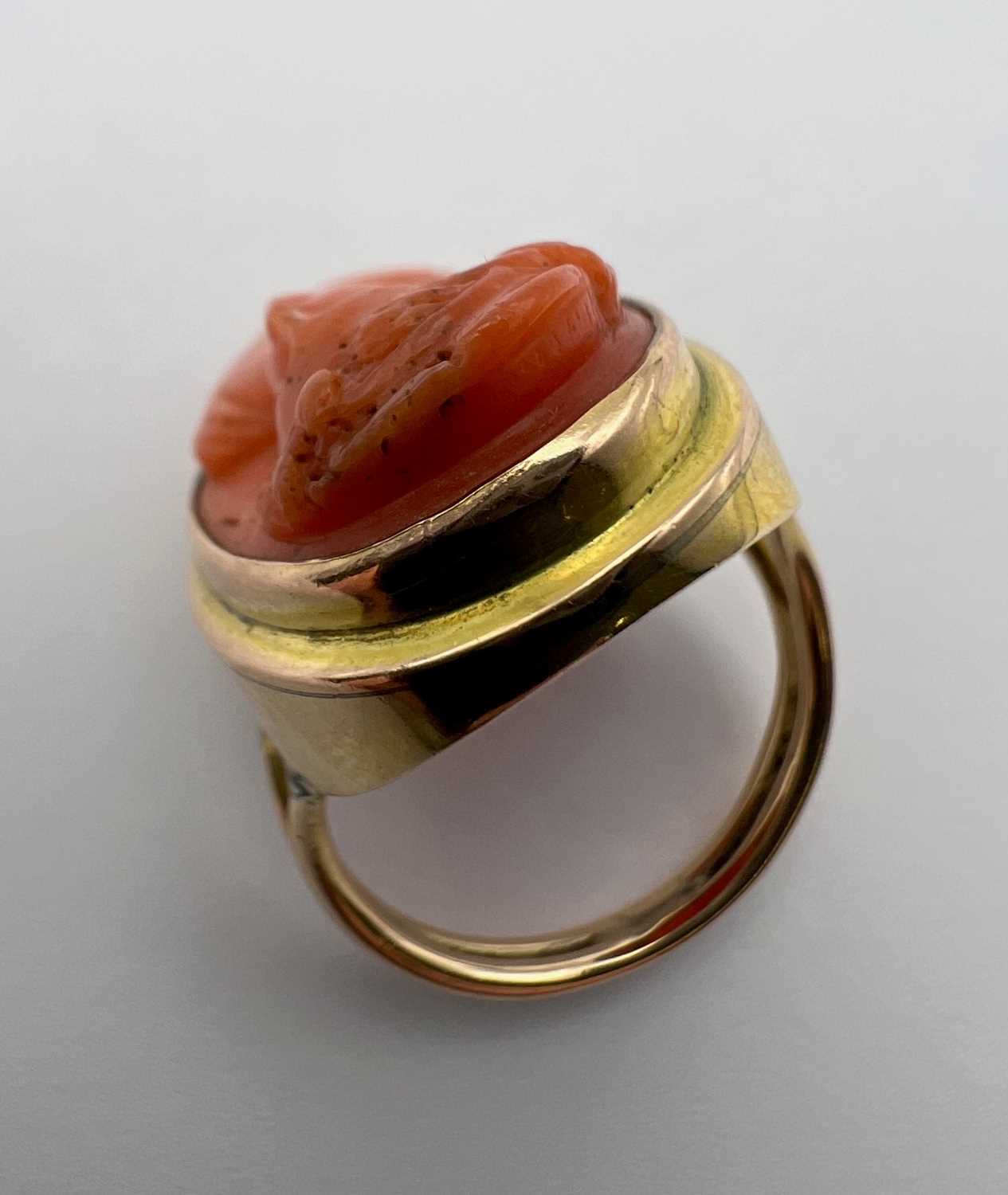 Two coral dress rings, the first a cameo ring, the oval coral corallium rubrum cameo carved to - Image 8 of 14