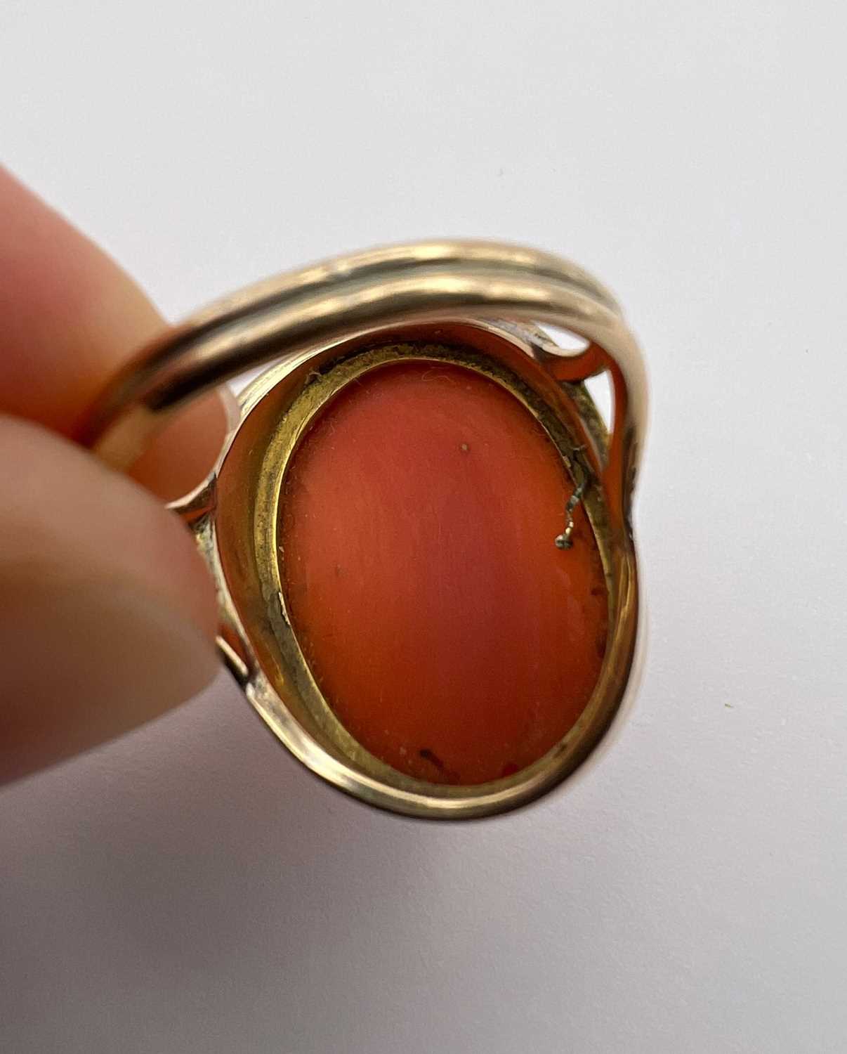 Two coral dress rings, the first a cameo ring, the oval coral corallium rubrum cameo carved to - Image 9 of 14