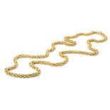 A yellow precious metal fancy-link long chain by Marchisio, of textured Byzantine-link design,