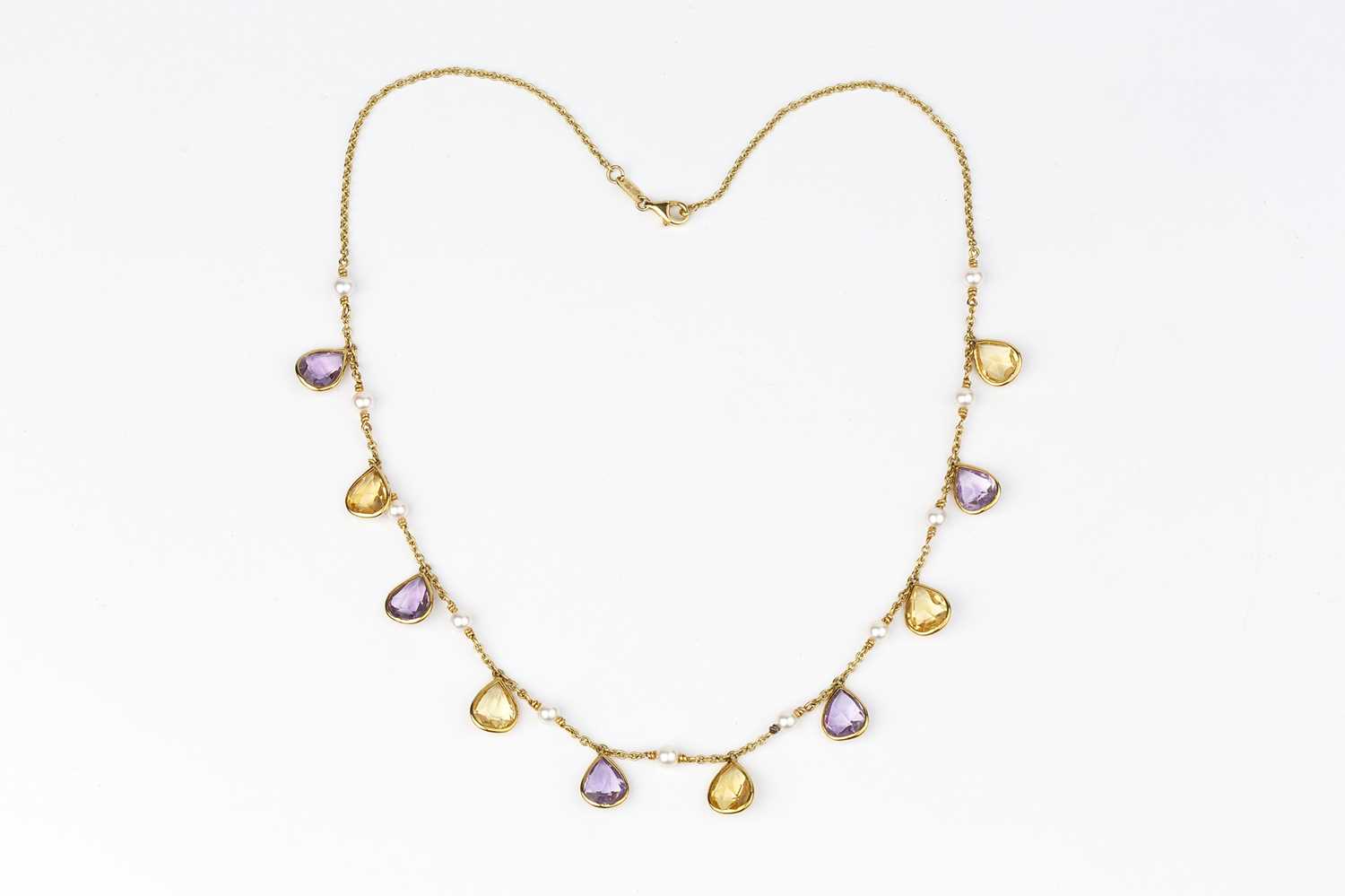An amethyst, citrine and cultured pearl fringe necklace, the trace-link chain suspending a fringe of - Image 2 of 3