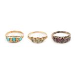 Three dress rings, comprising a three stone ring, with beaded pinched collet settings and foliate