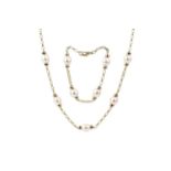 A cultured pearl necklace and bracelet suite, of belcher-link design, with single pearl spacers, 9ct
