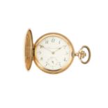 A hunter pocket watch, the white dial with black Arabic numerals and subsidiary seconds dial, to a