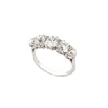 A diamond five stone ring, the graduated cushion-shaped old-cut diamonds in claw setting, white