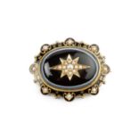 A Victorian agate, half pearl and enamel memorial brooch/pendant, centred with an oval banded
