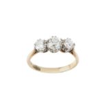 A diamond three stone ring, the graduated transitional-cut diamonds in claw setting, two colour