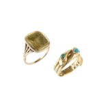A Victorian serpent ring, modelled as two entwined serpents, each with cabochon turquoise accent,