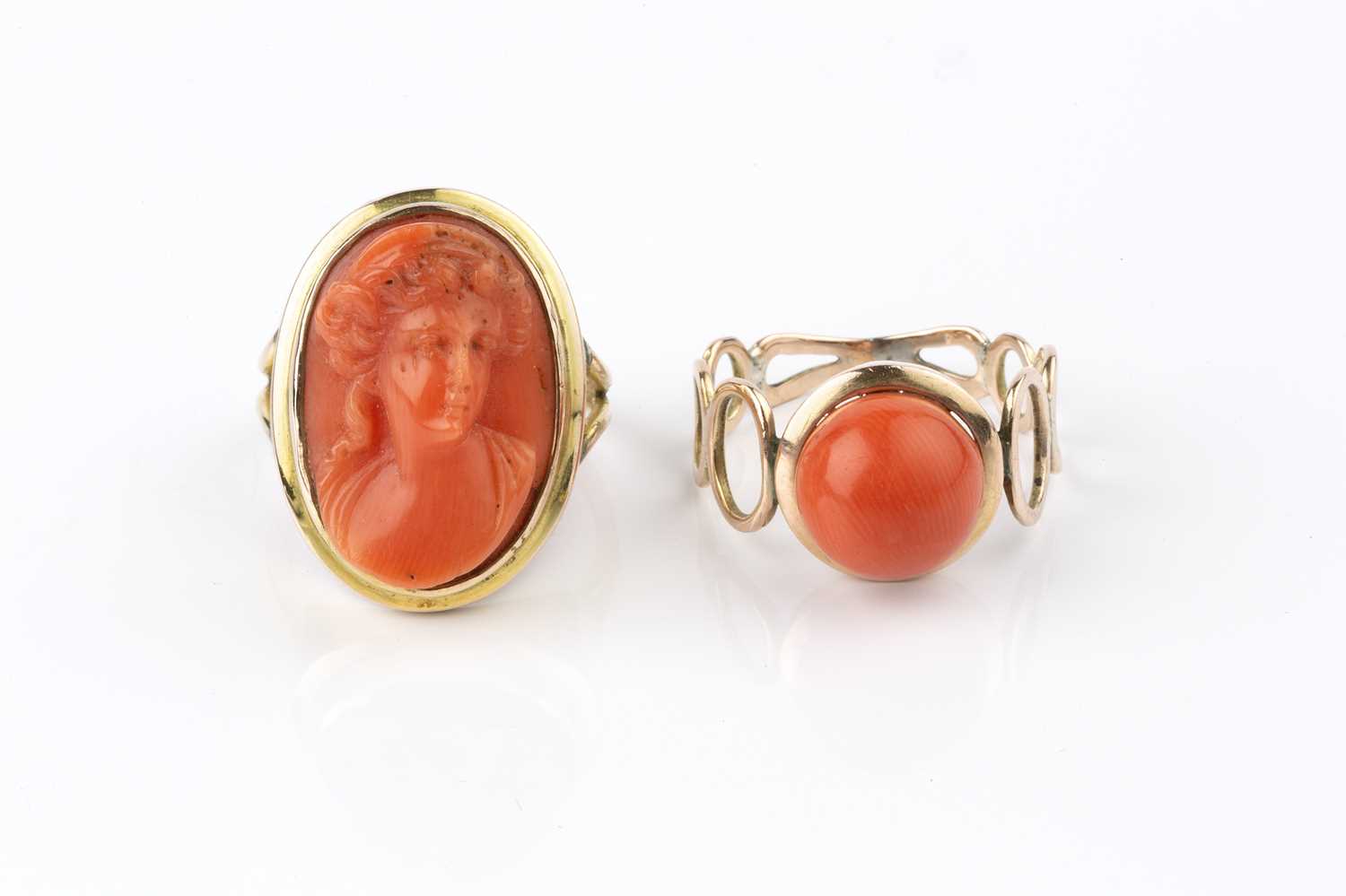 Two coral dress rings, the first a cameo ring, the oval coral corallium rubrum cameo carved to - Image 2 of 14