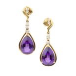 A pair of amethyst and diamond ear pendants, each pear-shaped mixed-cut amethyst drop surmounted