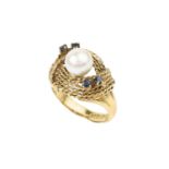 A cultured pearl and sapphire set dress ring, of crossover ropetwist design, highlighted with a