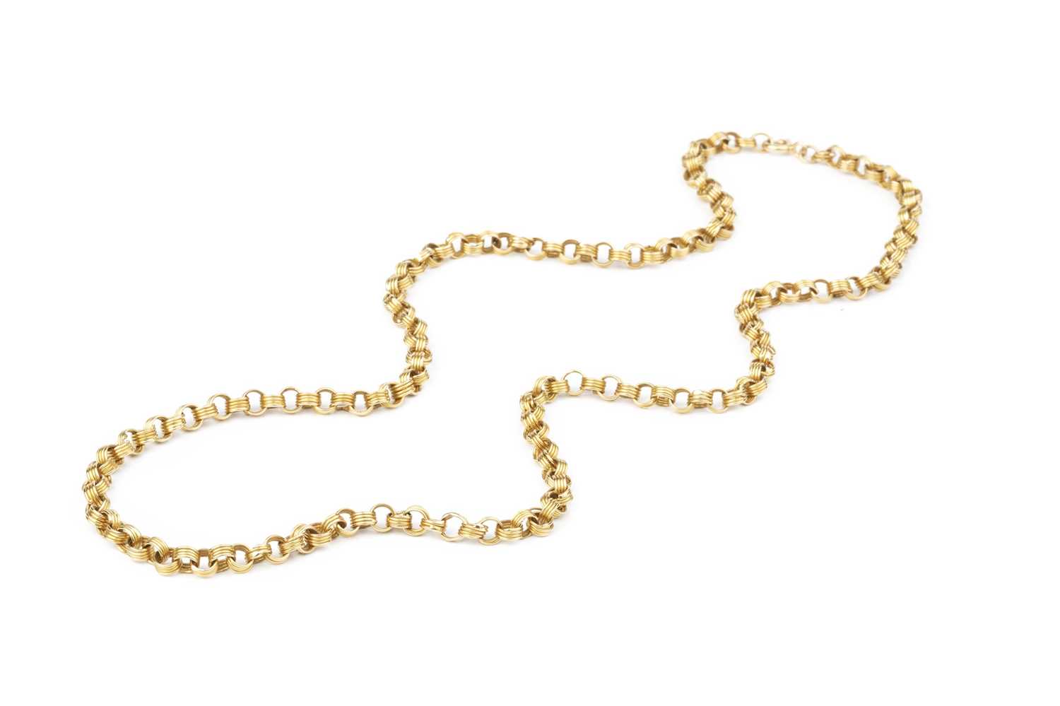 A yellow precious metal fancy-link chain, of reeded belcher-link design, the clasp stamped '750',