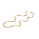 A yellow precious metal fancy-link chain, of reeded belcher-link design, the clasp stamped '750',