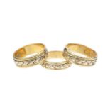 Three 18ct gold dress rings, each designed as a woven band, maker's mark SJC, ring sizes M½ and