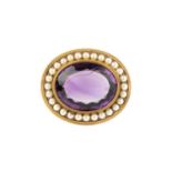 A 19th century amethyst and half pearl cluster brooch, the oval mixed-cut amethyst collet set within