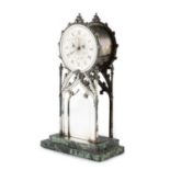 An early Victorian silver mantel clock, the drum head on gothic arch supports edged with stylised