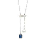 A diamond, sapphire and pearl negligée pendant necklace, the single-cut diamond set coronet panel