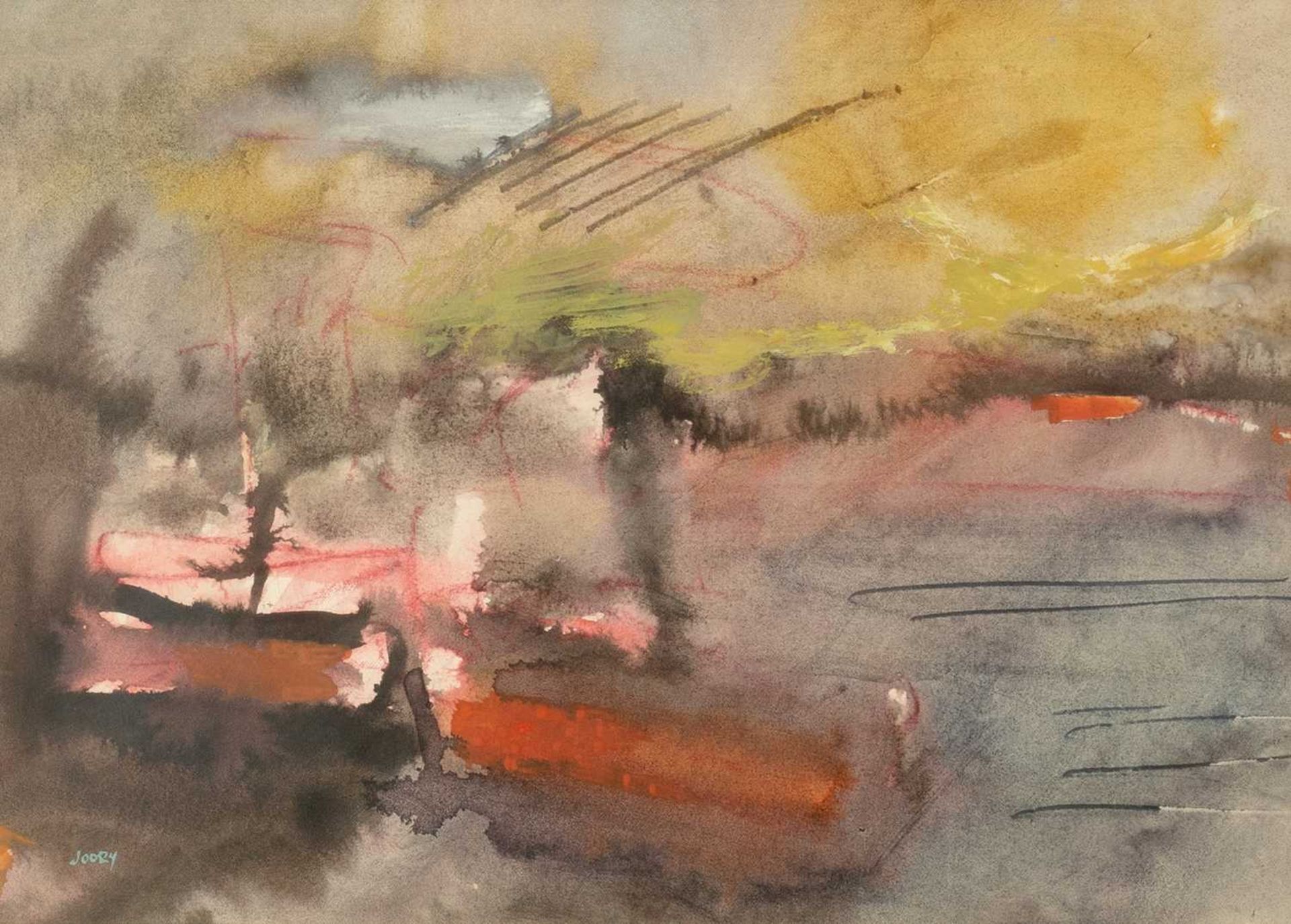 Heskel Joory (1925-2015) Boats at a Jetty, 1986 signed (lower left) mixed media 27 x 38cm.