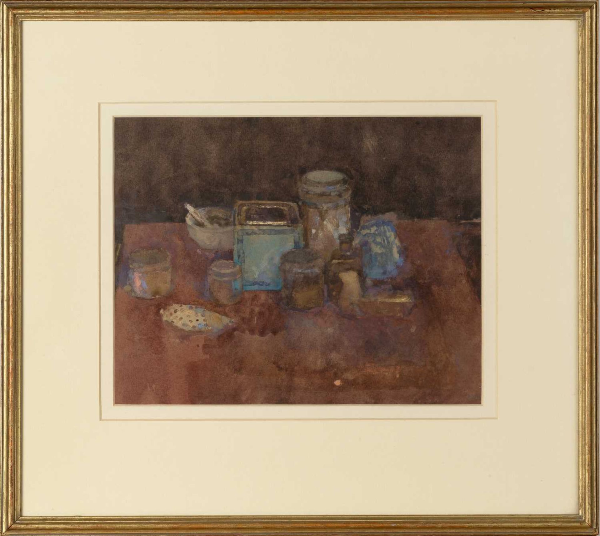 Christina Gaa (1937-1992) Still Life, jars on a red tablecloth signed (lower right) watercolour 22 x - Bild 2 aus 3