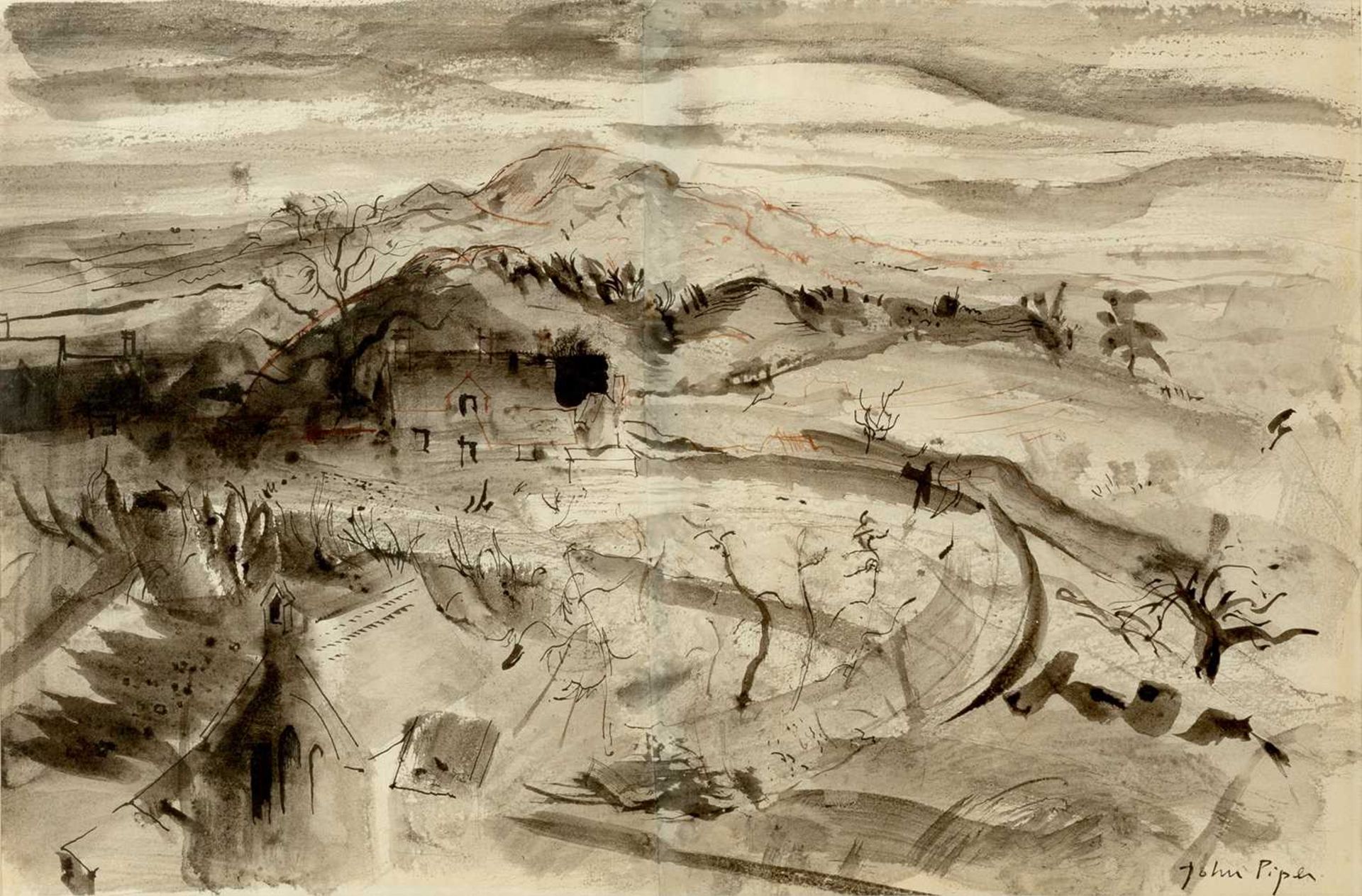 John Piper (1903-1992) Powerstock, Dorset signed (lower right) pen, ink, and wash on paper 27.5 x