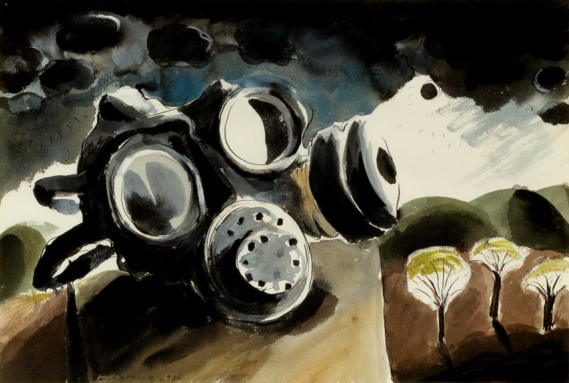 Michael Cullimore (1936-2021) Gasmask, 1986 signed and dated (lower left) watercolour 39 x 57cm.