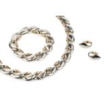Brett Payne Silver and 9ct gold swan-link necklace, bracelet and ear studs suite signed 'BP',