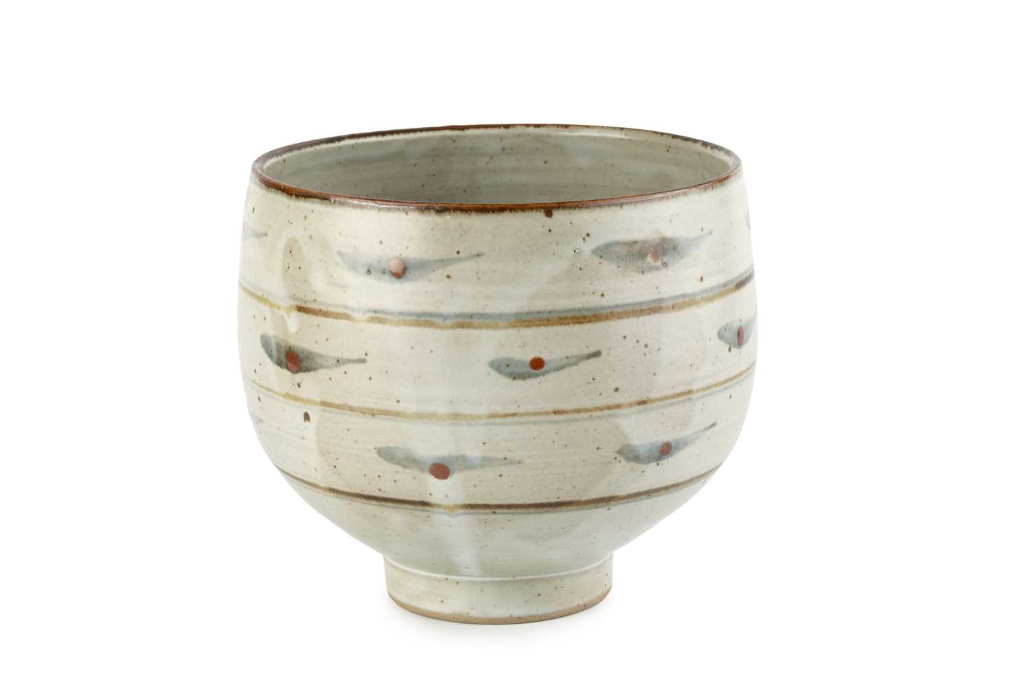 David Leach (1911-2005) at Lowerdown Pottery Footed bowl with oatmeal glaze with bands of blue and