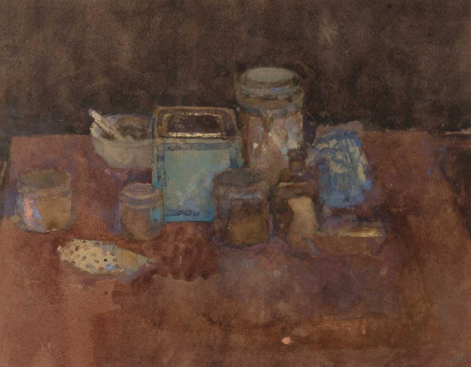 Christina Gaa (1937-1992) Still Life, jars on a red tablecloth signed (lower right) watercolour 22 x