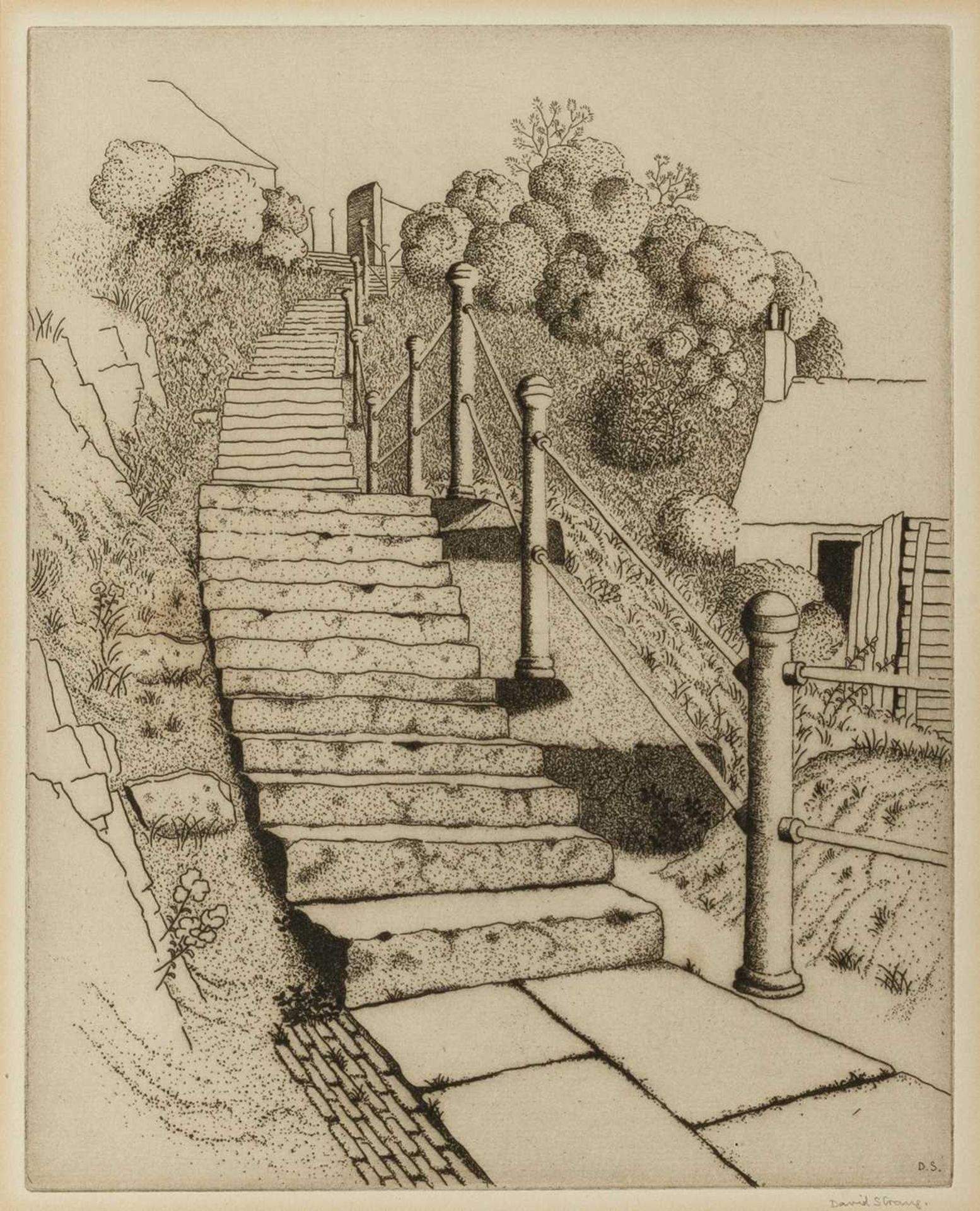 David Strang (1887-1967) Village Steps signed in pencil (in the margin) etching 26 x 21cm.