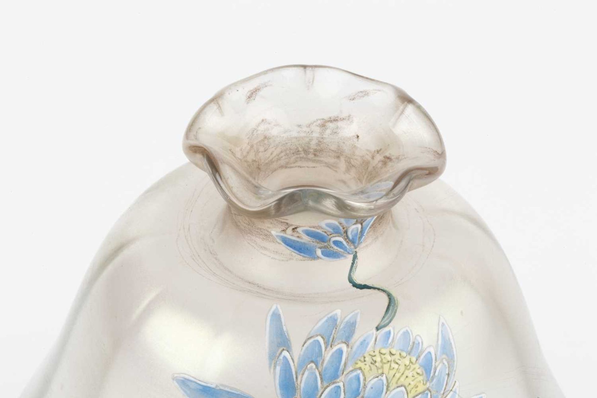 Manner of Loetz Vase, circa 1880 iridescent with painted enamel blue flower with green vine - Image 2 of 4