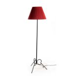 Mid-Century School black enamel floor lamp, probably French with tripod foot and red shade 137cm