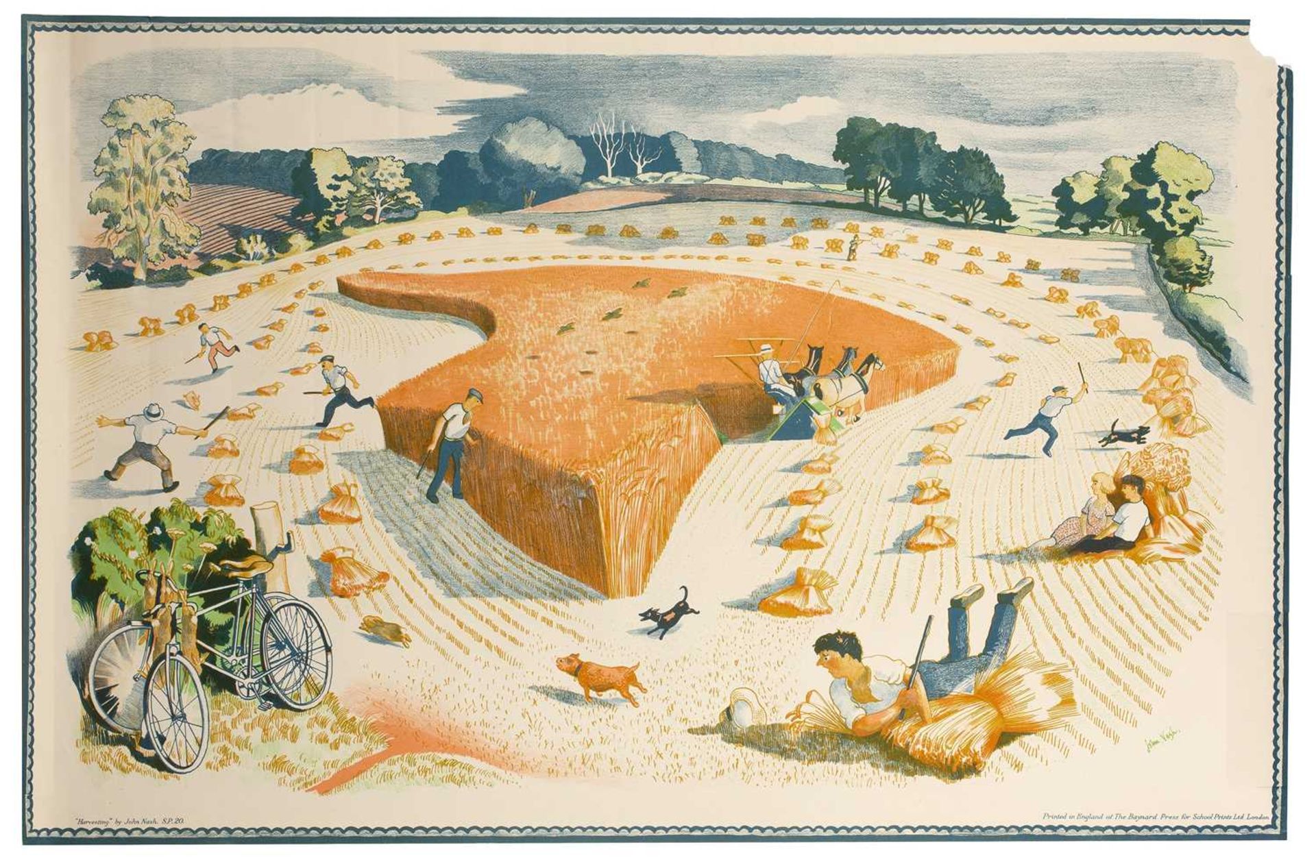 John Northcote Nash (1893-1977) Harvesting from the School Prints series lithograph printed at the