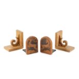 Cotswold School Pair of oak bookends 16 x 16cm; and pair of bookends decorated with deer, by Alley