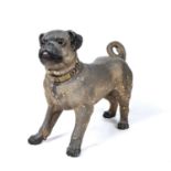 An early 20th century pottery pug dog with glass eyes, 42cm wide x 34cm highDamage to one leg, and