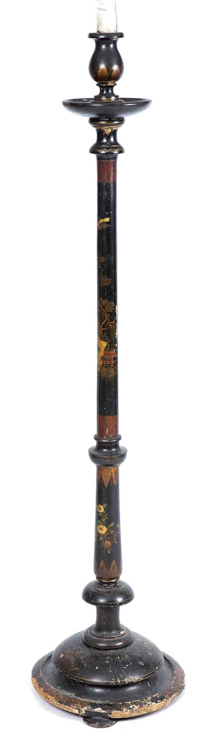 An Edwardian standard lamp with lacquered chinoiserie gilded decoration 36cm wide 159 cm high.