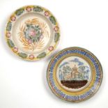 Two 19th century Spanish tin glazed pottery chargers both 38cm diameter.both with restoration