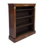 A 19th century walnut open front bookcase with brass mounts adjustable shelves and a plinth base.