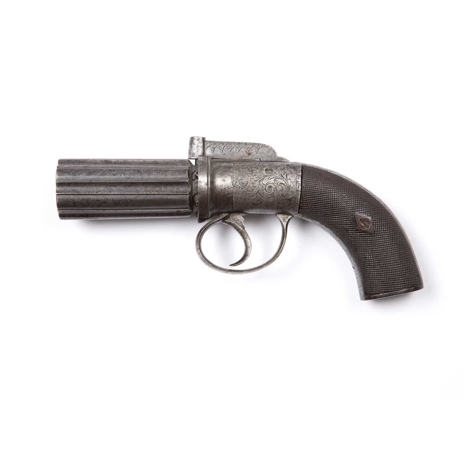 A 19th century Wilkinson percussion pepper box six shot steel pistol with engraved decoration,