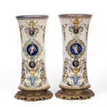 A pair of late 19th century French Gien pottery vases of waisted cylindrical form, with gilt metal