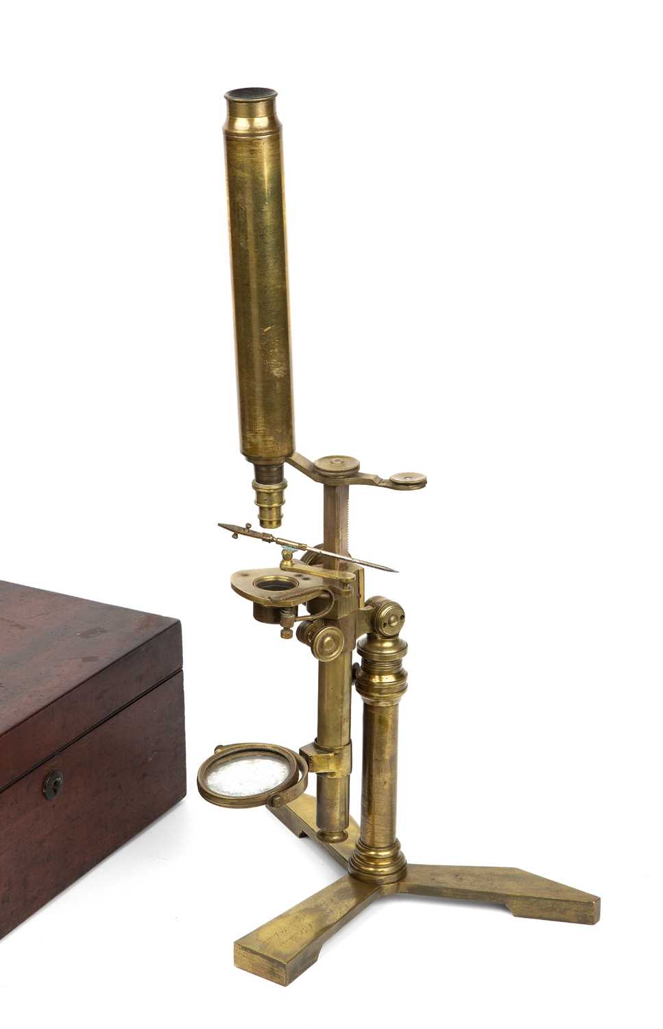 An early 19th century brass compound microscope by Andrew Pritchard, London, with two objectives and